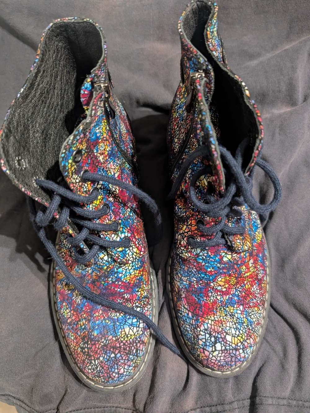 Multicolor Cracked Mosaic Lace-Up Ankle Boots - Women